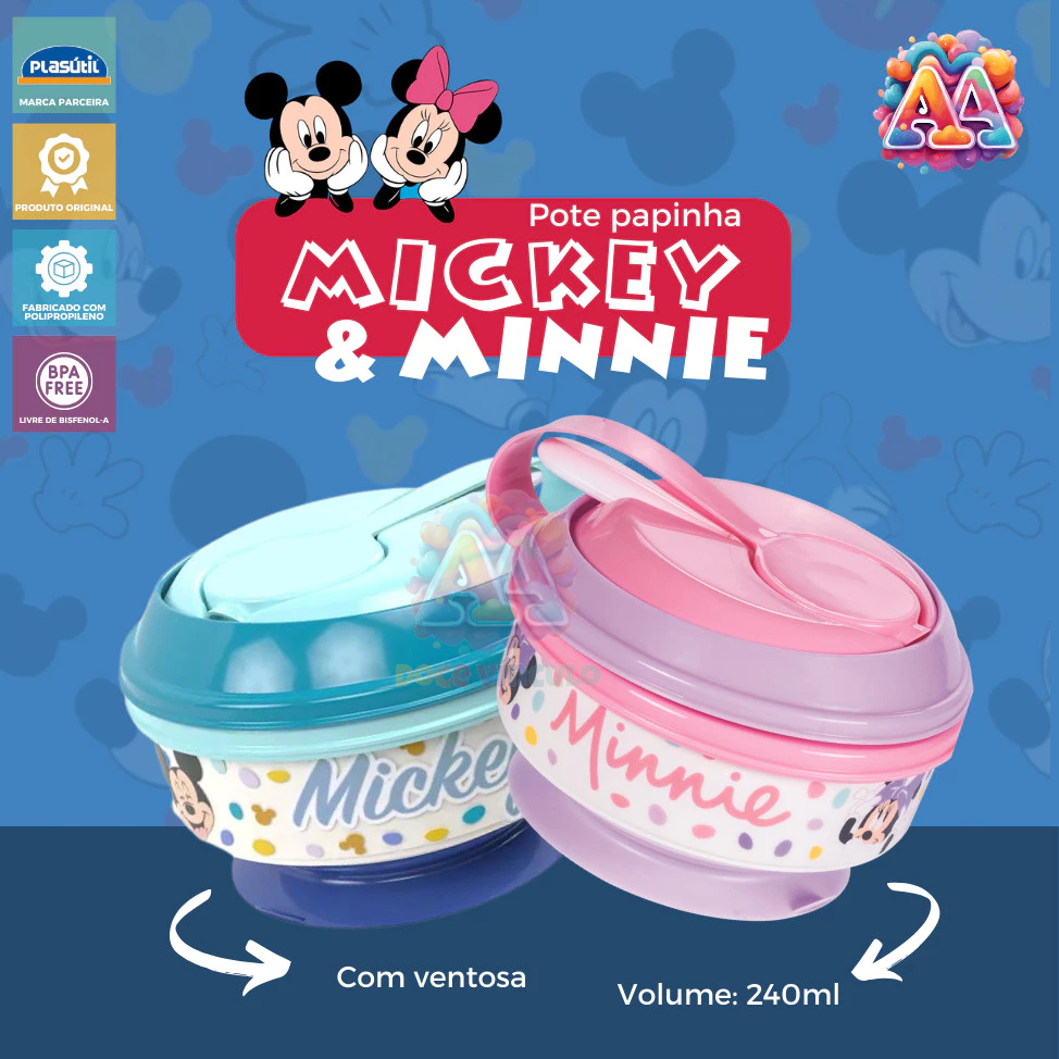 Pote de Papinha Com Amassador Mickey e Minnie Baby 300ml Colher e Ventosa