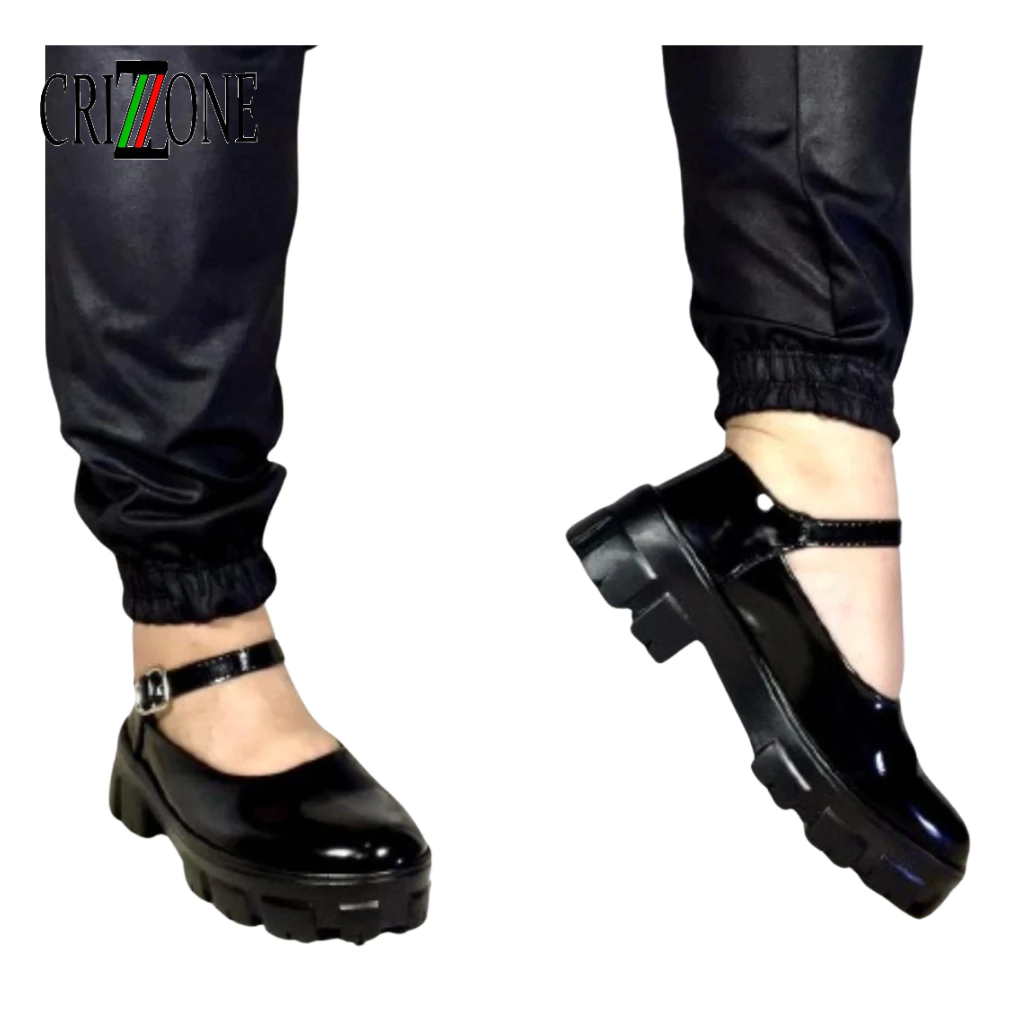 Sandália Feminina Plataforma Tratorada Grife Mary Jane Alça Verniz Mulher