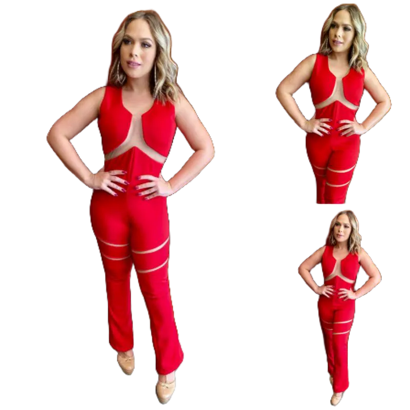 MACACÃO LONGO FEMININO DALILA, FLARE DECOTE V TULE MANGAS REGATA COM RECORTES EM TULE