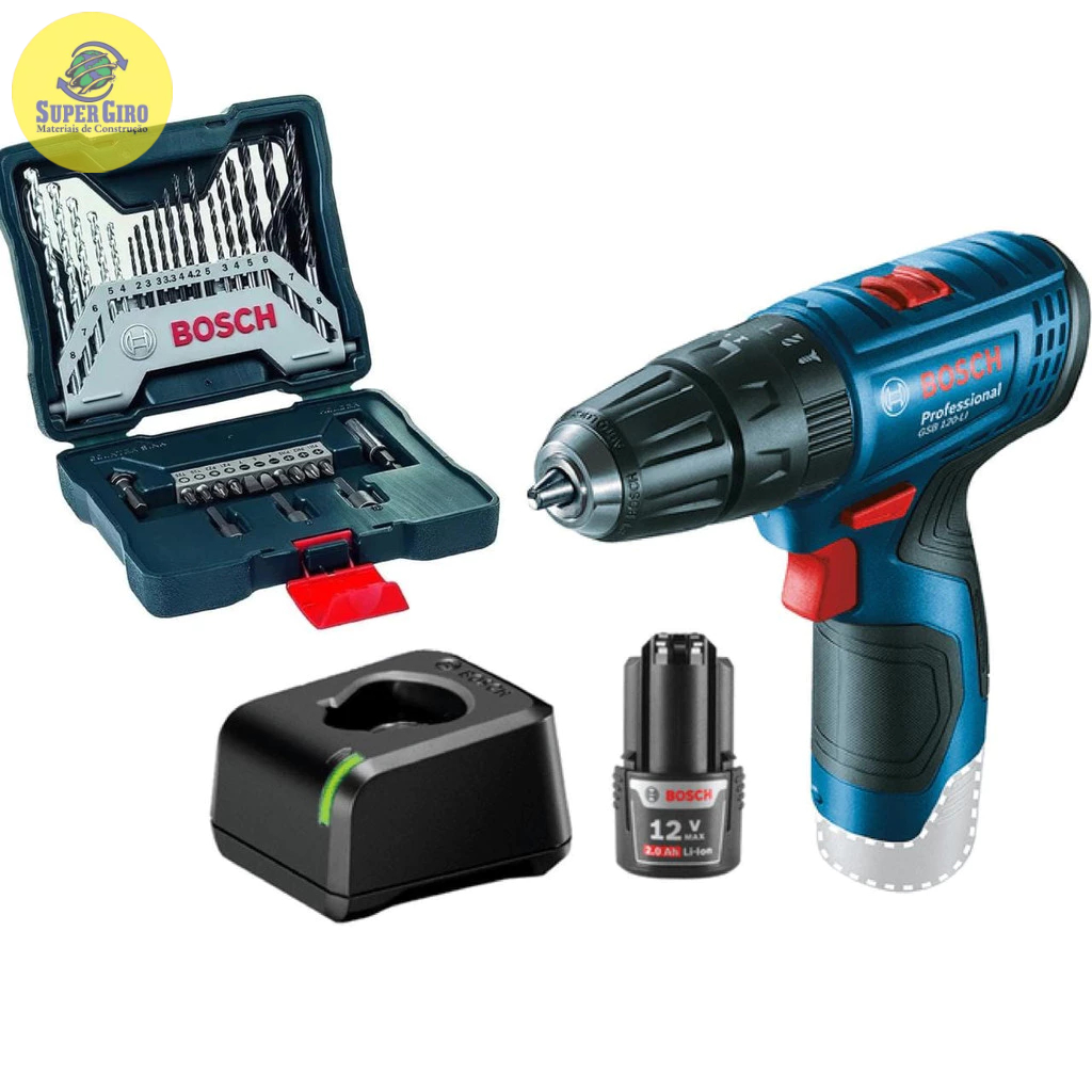 PARAFUSADEIRA/ FURADEIRA DE IMPACTO GSB 120-LI PROFESSIONAL BOSCH + MALETA DE KIT 33 PEÇAS FURAR E PARAFUSAR