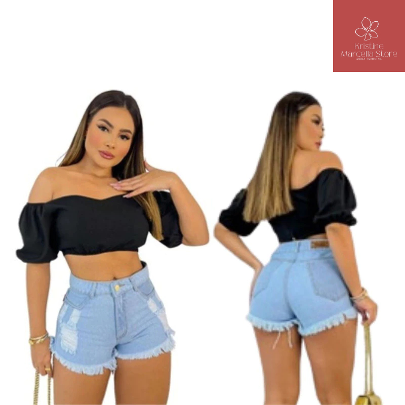 Short Feminino Jeans Azul Claro Barra Desfiada c/ Detahes Destroyed, Formal Clothes