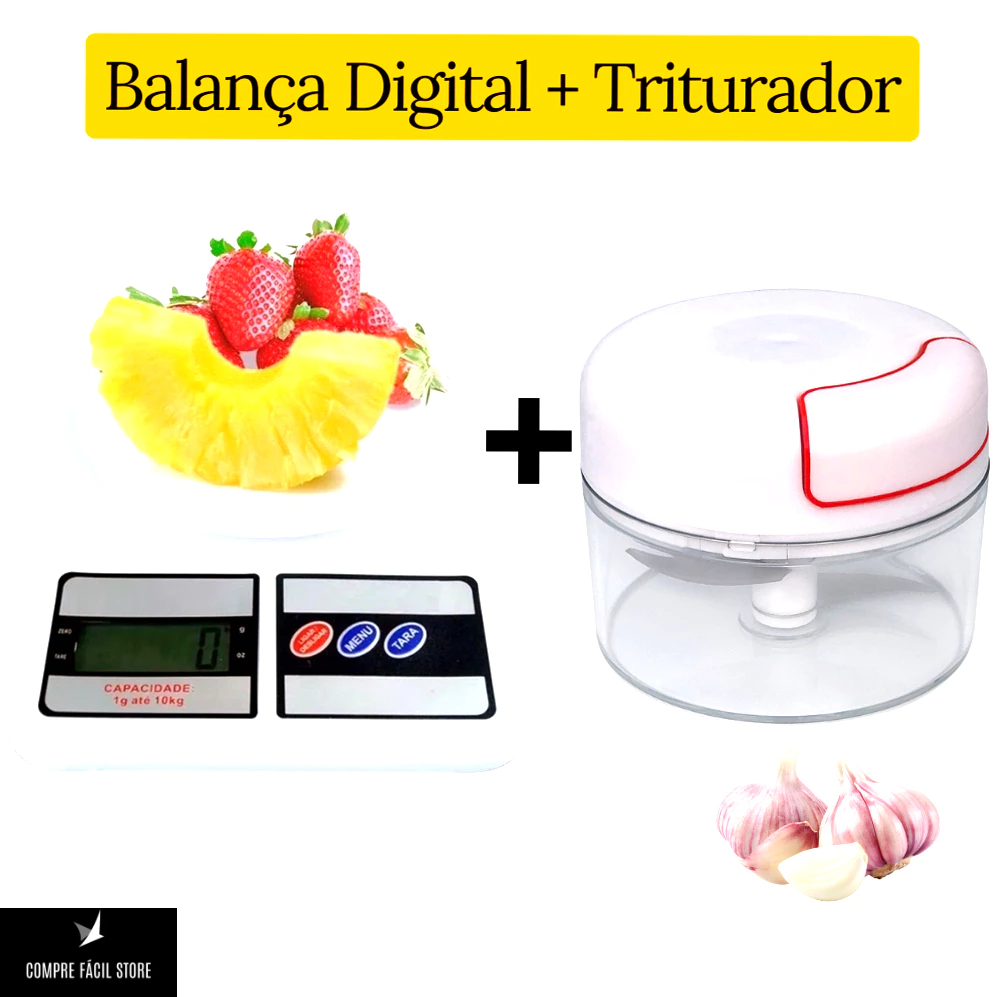 Kit Balança Digital Cozinha +  Mini Triturador Processador de Alho Alimentos