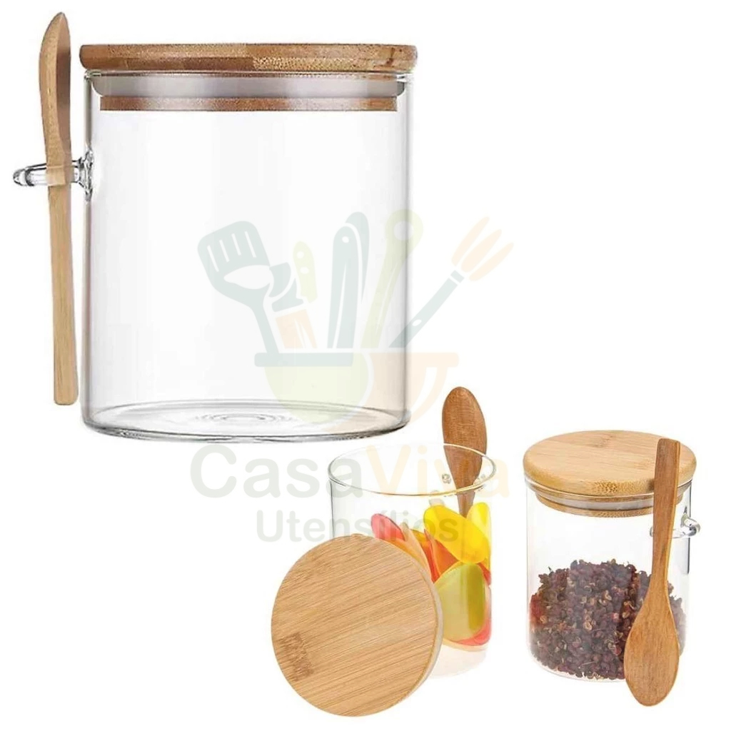 Porta Tempero Mantimentos Condimentos Açucareiro Saleiro Hermético de Vidro com Tampa e Colher de Bambu em Oferta na Shopee