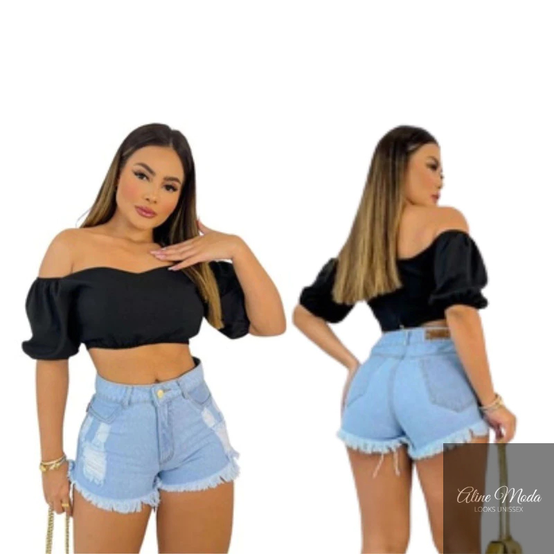 Short Feminino Jeans Azul Claro Barra Desfiada c/ Detahes Destroyed, Estilo Chic
