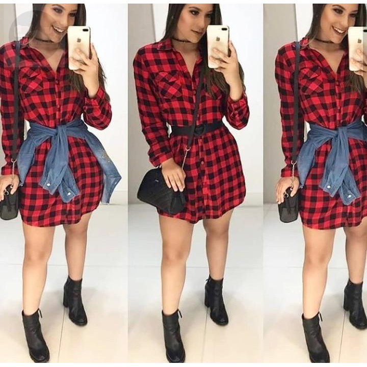 Vestido Xadrez Blusão Feminino Camisa Quadriculada Com Laço Lindo