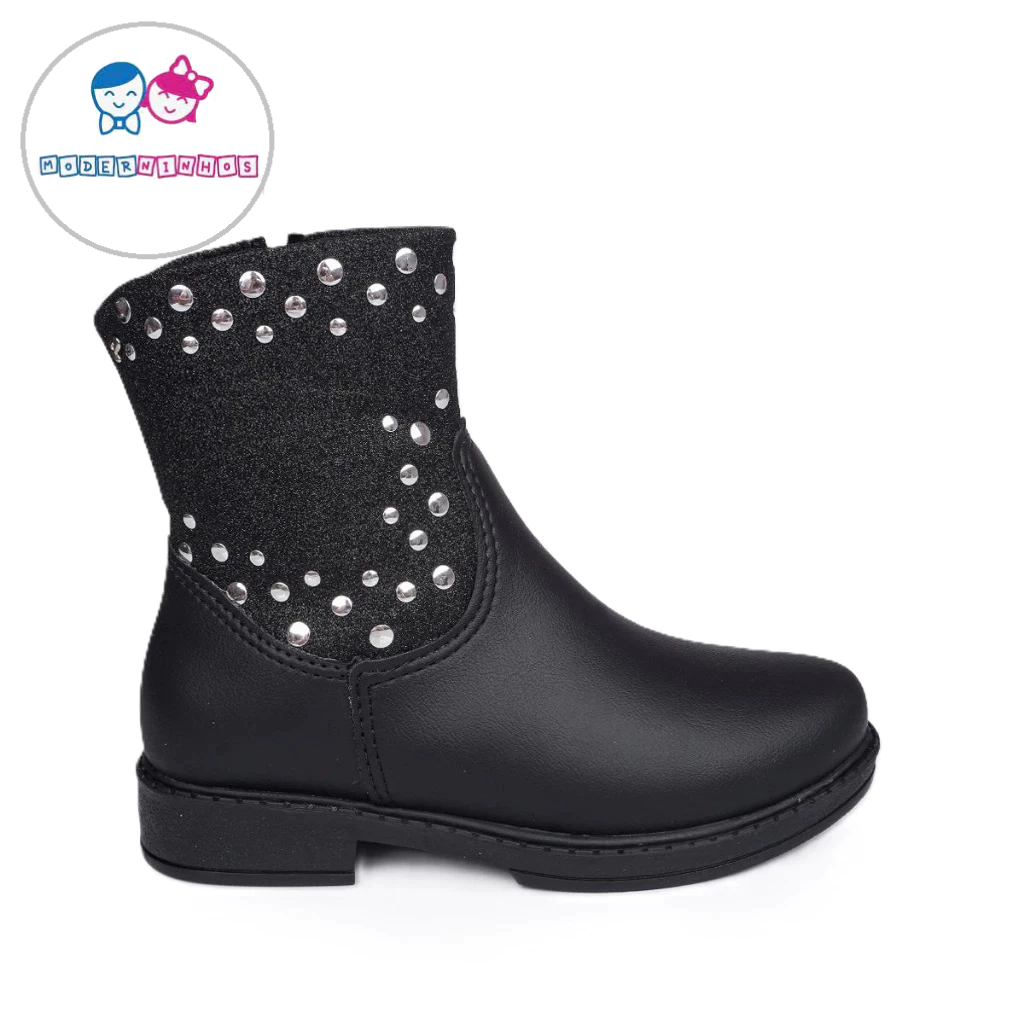 Bota Infantil Menina Pampili Feminina Safira Glitter e Tachas Preta Original - Mk-279.110