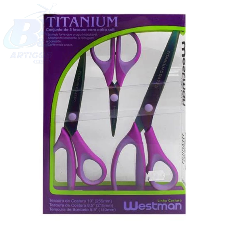 Tesoura Para Costura Titanium Kit Com 3 Cabo Soft Aço