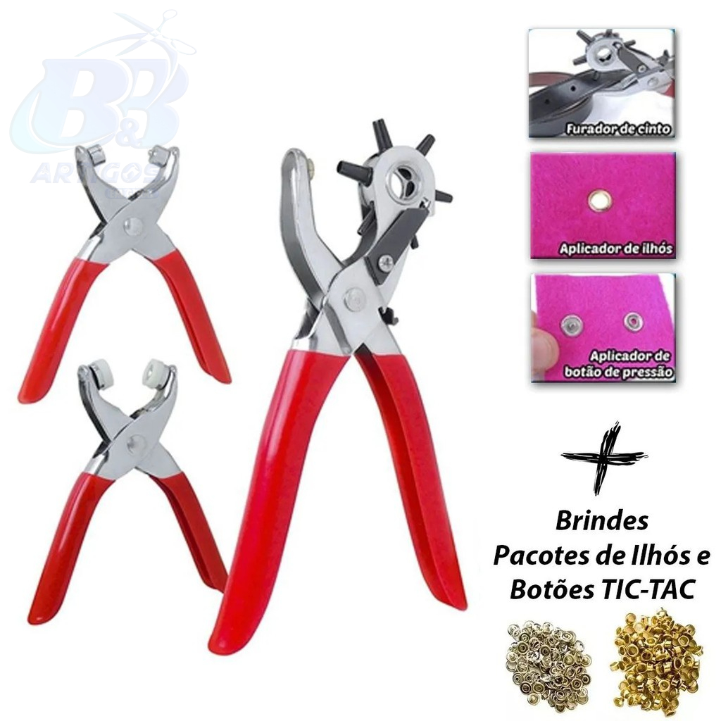 Kit 03 Alicate Vazador Aplicar Ilhós Botão Metal + Brinde*