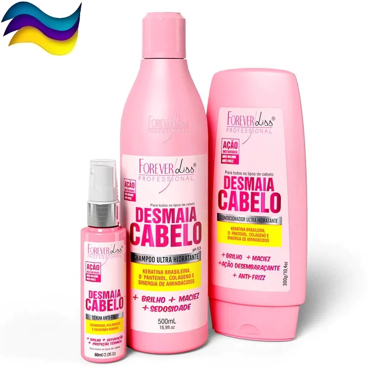 Kit Desmaia Cabelo Shampoo 500ml Condicionador 300ml Sérum 60ml Forever Liss Ultra Hidratante Brilho