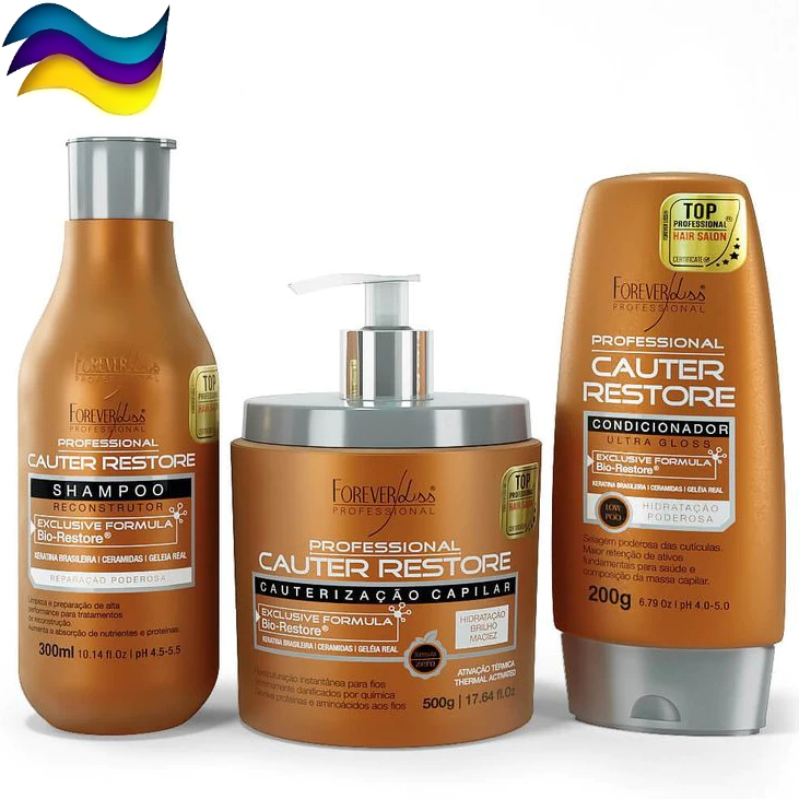 Kit Cauterização Capilar Máscara Cauter Restore 500g + Shampoo + Condicionador Forever Liss