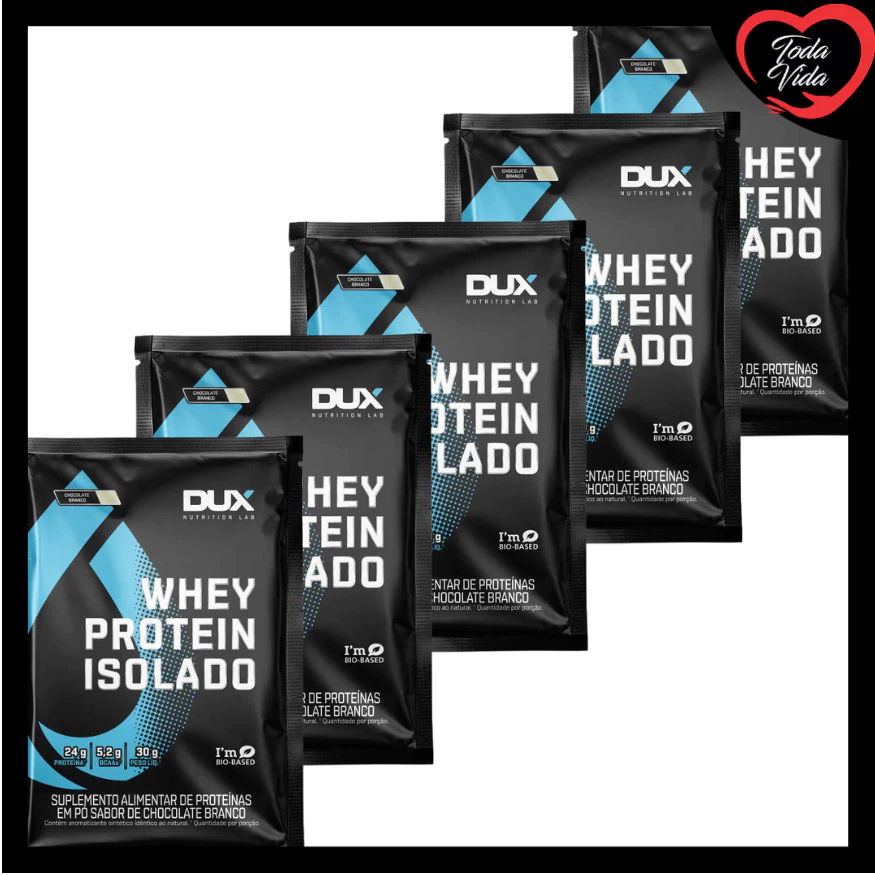 Kit 5 Saches Whey Isolado Sabor Unico CHOCOLATE BRANCO DUX em Oferta na Shopee