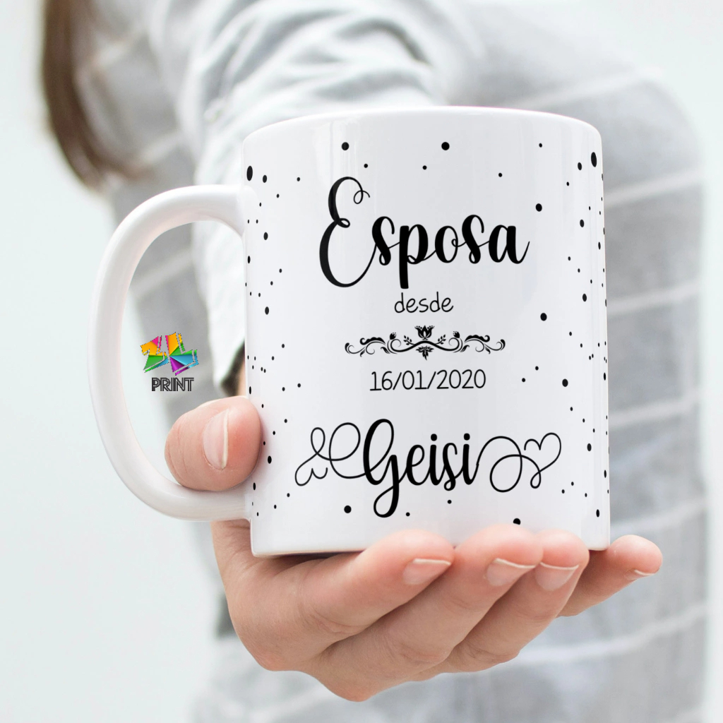 Caneca Porcelana #ZLprint - Casamento Noiva Bodas  - Estampa: ESPOSA com Data e NOME