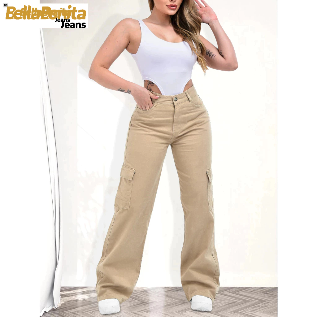 Calça Feminina Wide Leg Pantalona Cargo Tendência 100% Jeans Cintura Alta