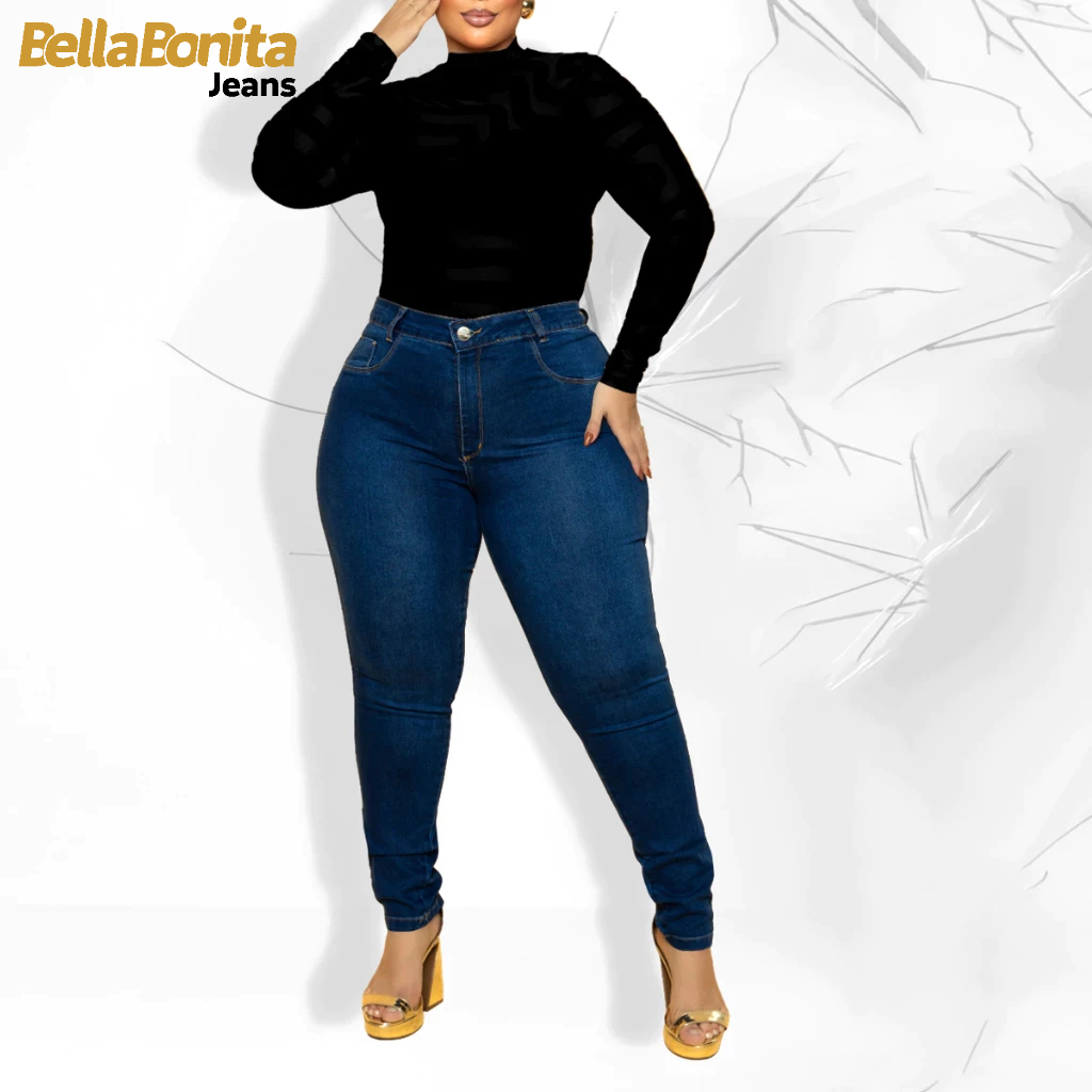 Calça Jeans Feminina Plus Size Cintura Alta Com Lycra Strech Elastano Premium Efeito Empina Bumbum