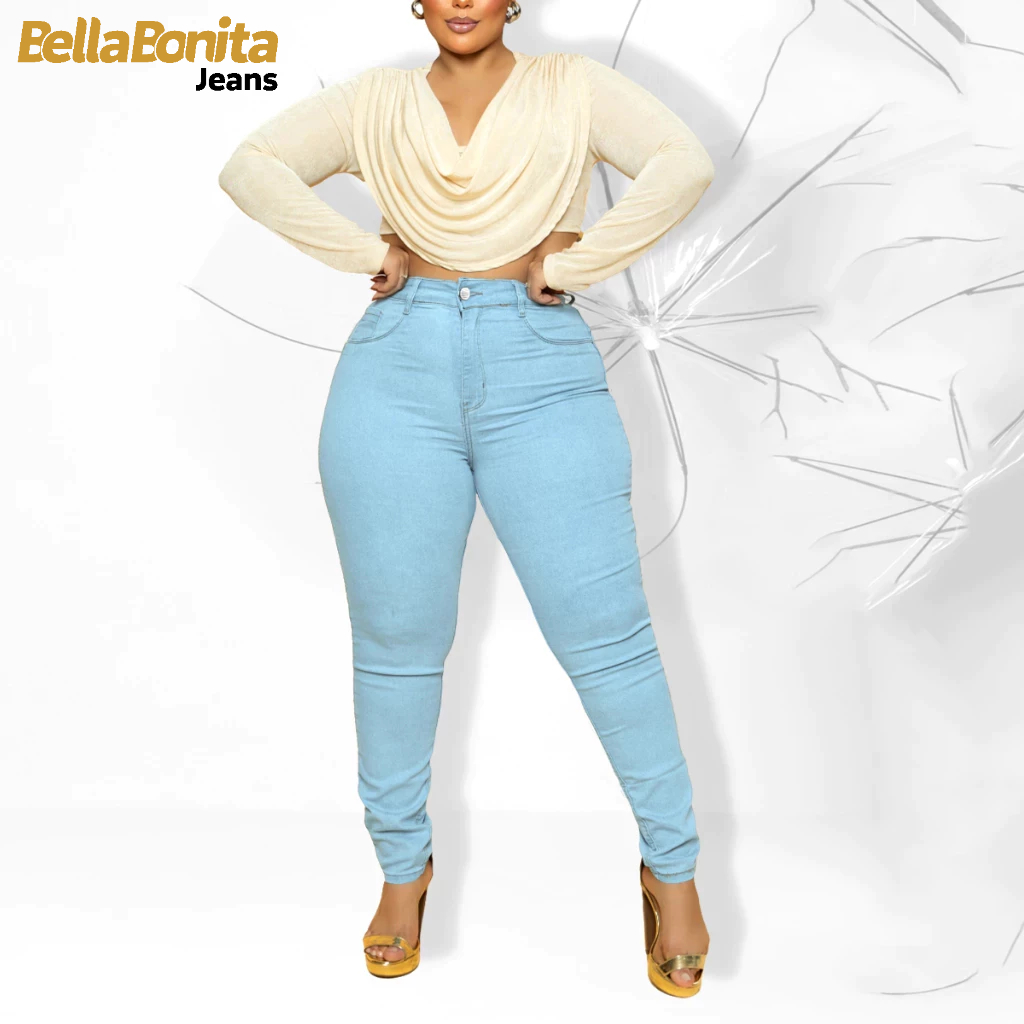 Calça Jeans Plus Size Feminina Lycra Cintura Alta Blogueiras Bellabonita Lycra Modelo Empina Bumbum