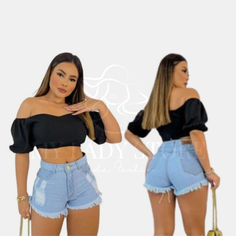 Short Feminino Jeans Azul Claro Barra Desfiada c/ Detalhes Destroyed, Lady Store