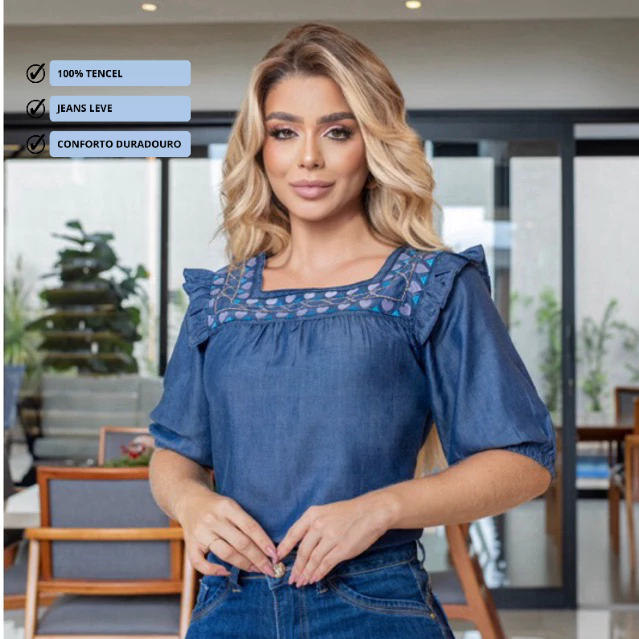 Blusa manga alongada Jeans Tencel com bordados e babados - 50659
