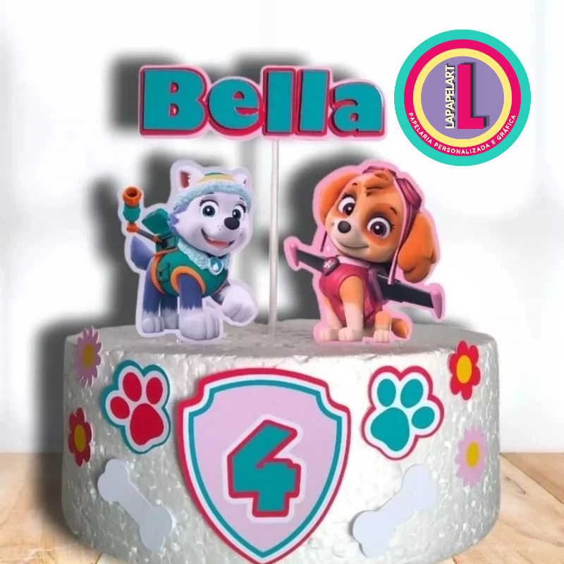 Topo de bolo personalizado aniversário mesversário Patrulha canina menina Skye e Everest