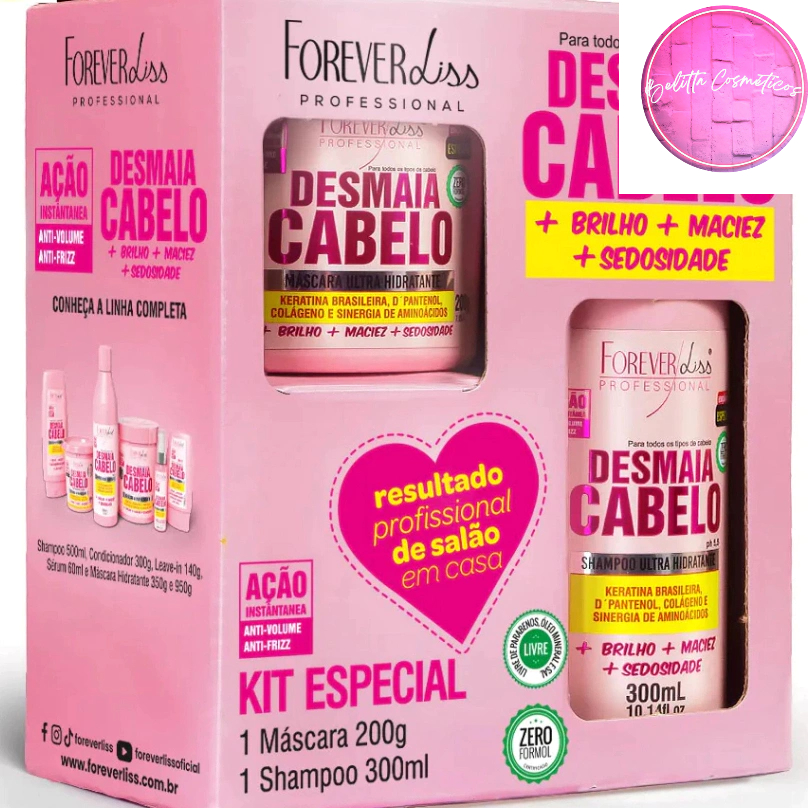 Kit Especial Desmaia Cabelo Forever Liss com Shampoo 300ml Máscara 200g - Hidratação Brilho e Maciez