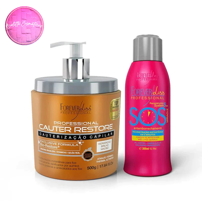 Kit Cauter Restore + SOS Antiemborrachamento 300ml Cauterização Proteção Térmica Reconstrução Maciez