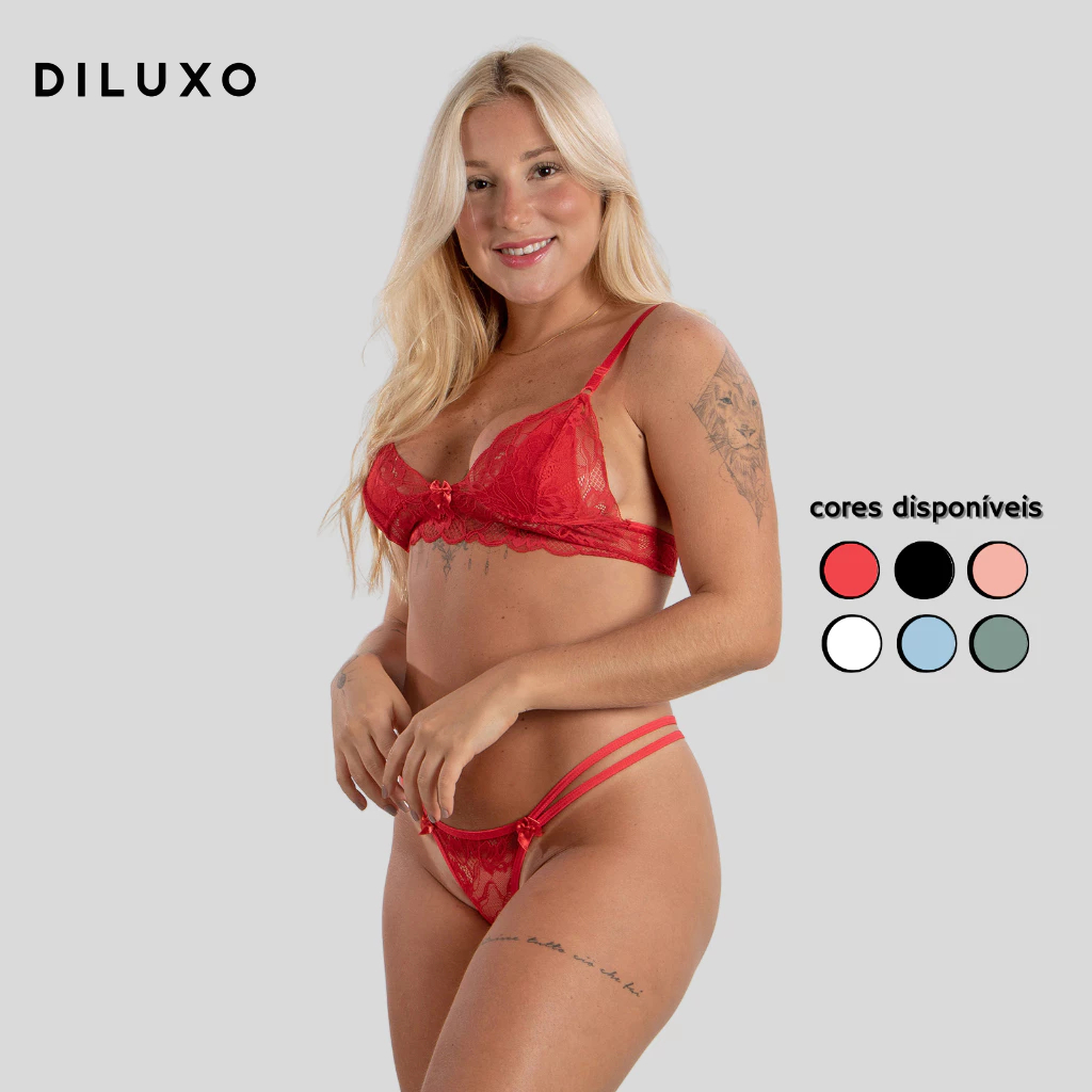 Conjunto Lingerie Calcinha e Sutiã Sem Bojo Fio Rendado Sexy Confortável