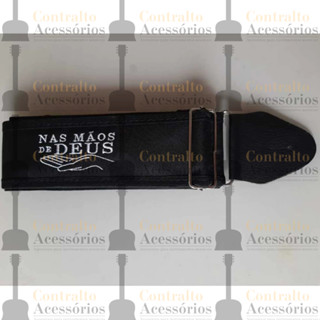 Correia Alça Preta Nas mãos de Deus para Violão/Baixo/Guitarra com Ajuste de Tamanho e espuma de 5mm em Oferta na Shopee