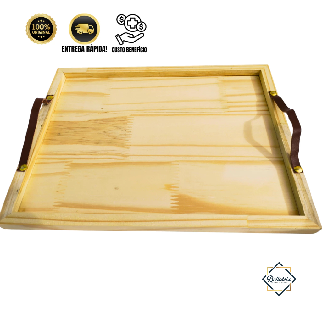Tábua Frios Com Alça Em Couro - Bandeja Servir Frios - Tábua De Frios Madeira Natural - 27x36x2