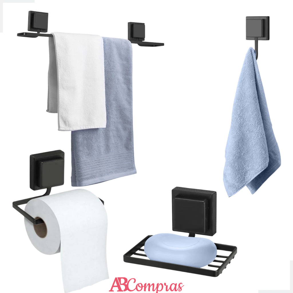 Kit 4 Peças Banheiro Papeleira Saboneteira Gancho Toalheiro De Banho 3m Dupla Face Preto Arthi em Oferta na Shopee