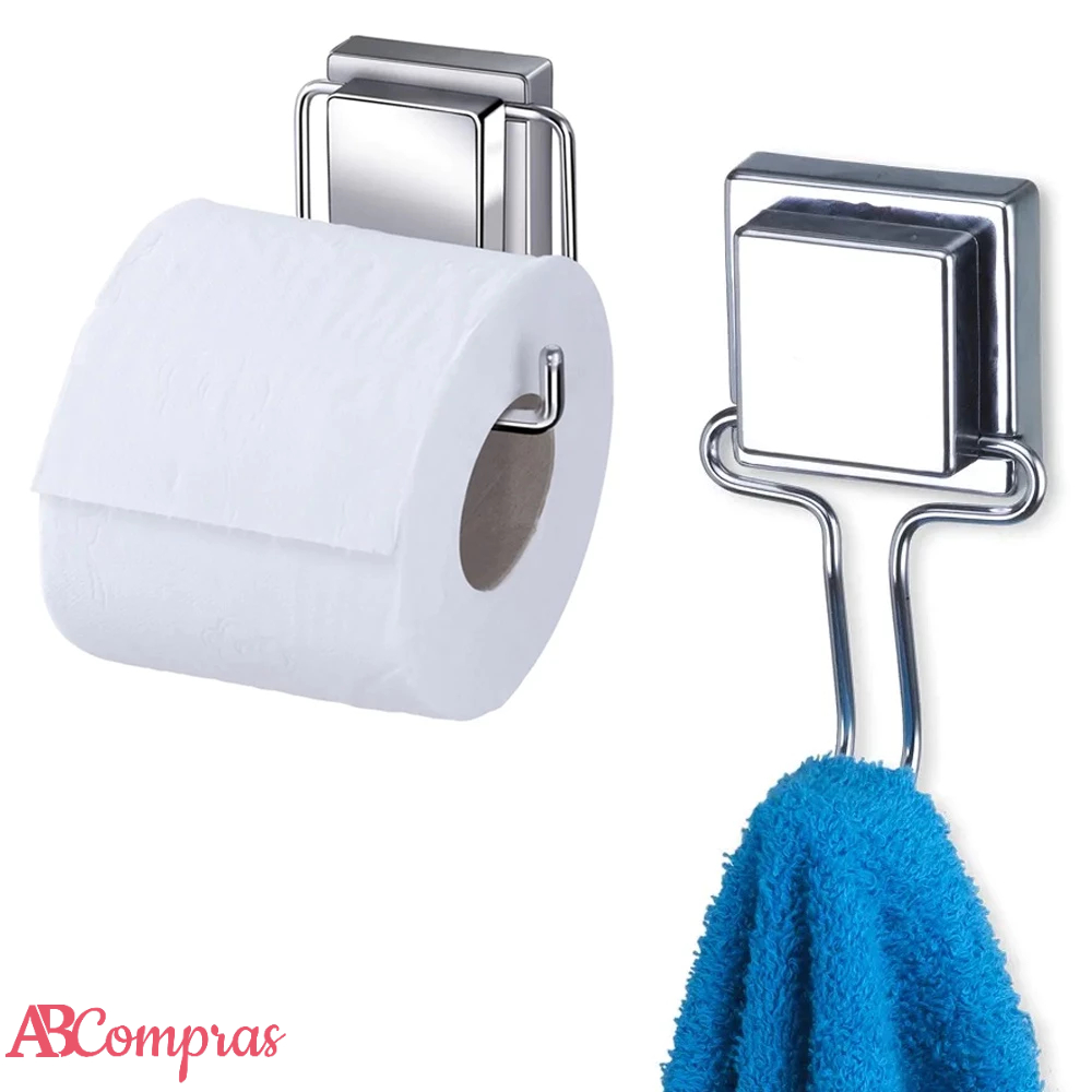 Kit Porta Toalha Rosto Gancho Papel Higiênico Ventosa Lavabo Banheiro Fixação Ventosa Cromado Arthi