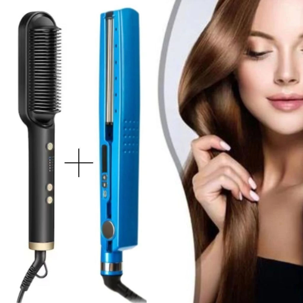 Kit Escova Alisadora Bivolt 5 em 1 + Chapinha de Cabelo Nano Titanium 450° em Oferta na Shopee