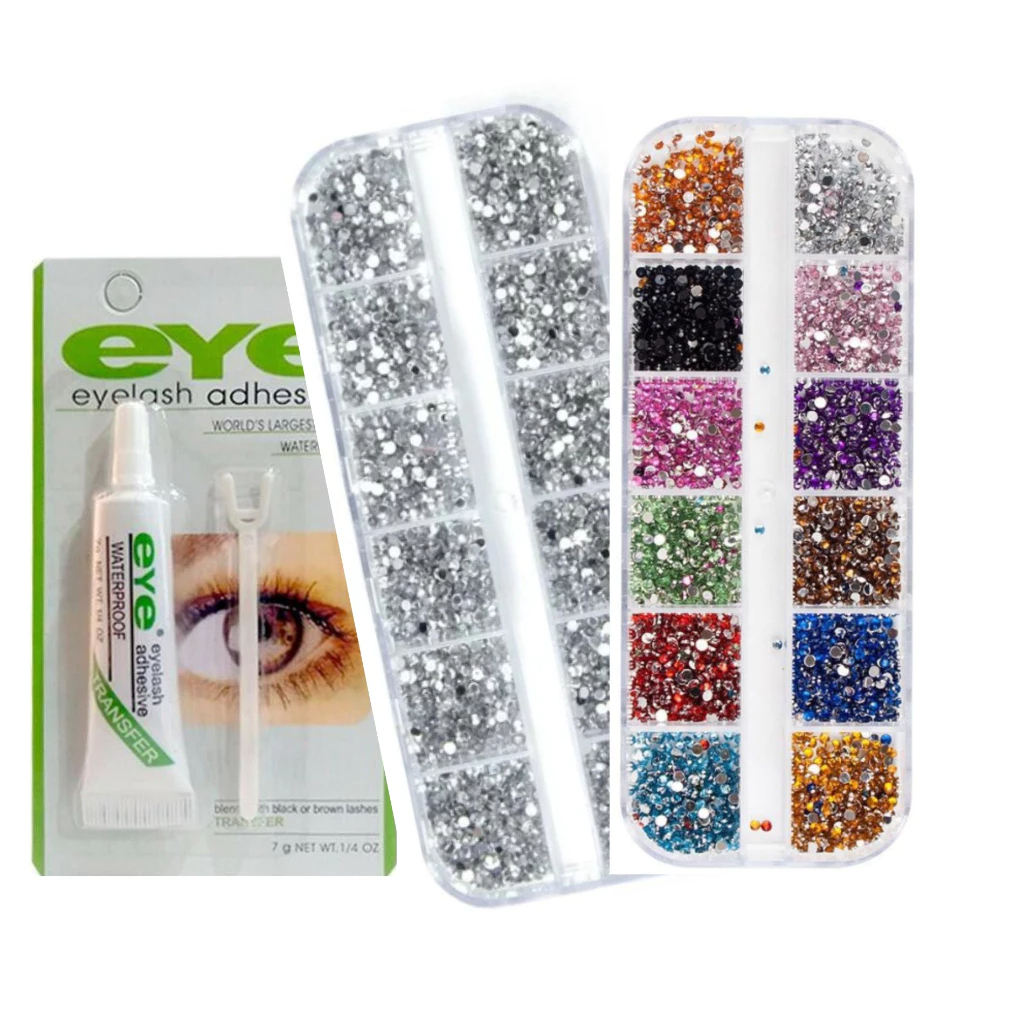 Kit Estojo Strass Prata + Kit Estojo Strass Colorido Para Maquiagem e Nail Art + Cola Transparente