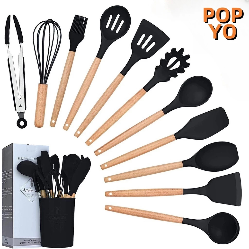 Kit C/12  Jogo de Cozinha Peças de Silicone, Utensílios e Copo Suporte para Cozinha Cabo de Madeir Premium
