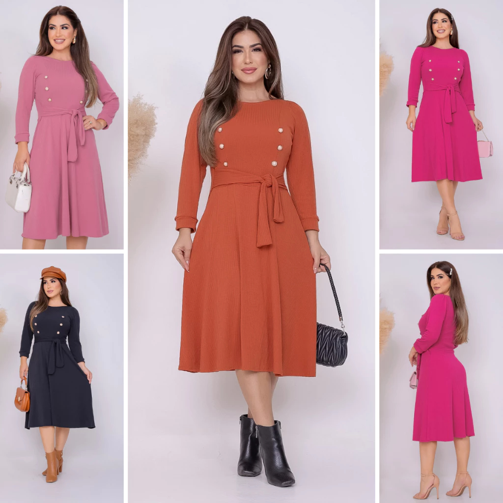 Vestido Feminino Mídi Rodado Gode Manga 3/4 Botão Gola Redonda Moda Evangélica Social Festa PlusSize