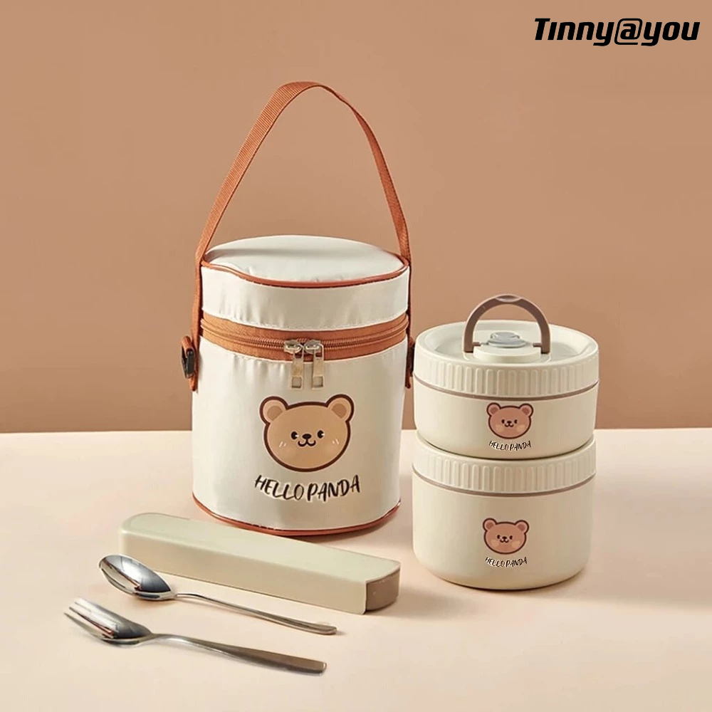 Urso 400ml+600ml Infantil Marmita Lancheira Térmica Pote Com Bolsa de Aço Inoxidável TINNY YOU em Oferta na Shopee