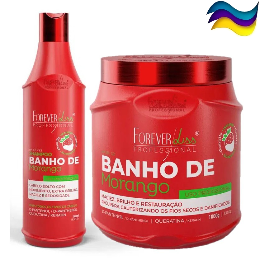 Banho de Verniz Morango Kit Shampoo 500ml e Máscara 1000g Hidratação Brilho Maciez Perfume Limpeza