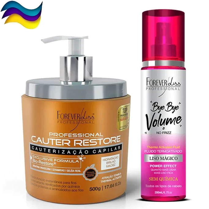 Kit Cauter Restore 500g + Bye Bye Volume 200ml Forever Liss Cauterização e Proteção Térmica