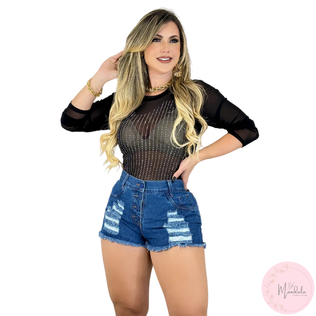 Short Feminino Jeans Cintura Alta com Detalhes Destroyed