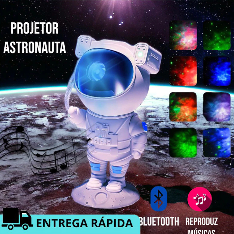 Luminária Astronauta Projetor Galáxia Led Nebulosa Estrelas e lua Caixa de Som Bluetooth Com Controle Remoto