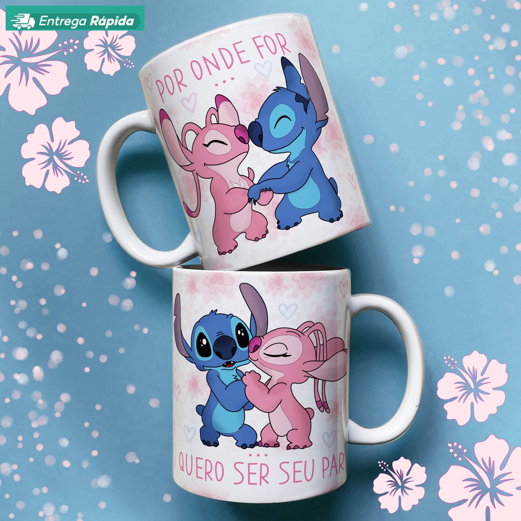 Caneca Porcelana Stitch e Angel  POR ONDE FOR QUERO SER SEU PAR - Dia dos Namorados ZLPRINT