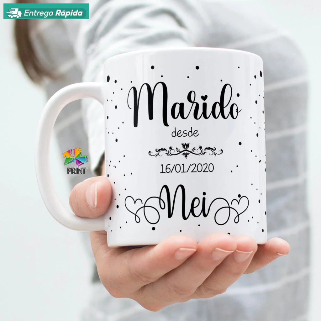 Caneca Porcelana #ZLprint - Casamento Noivo Bodas Esposo - Estampa:  MARIDO  com Data e NOME