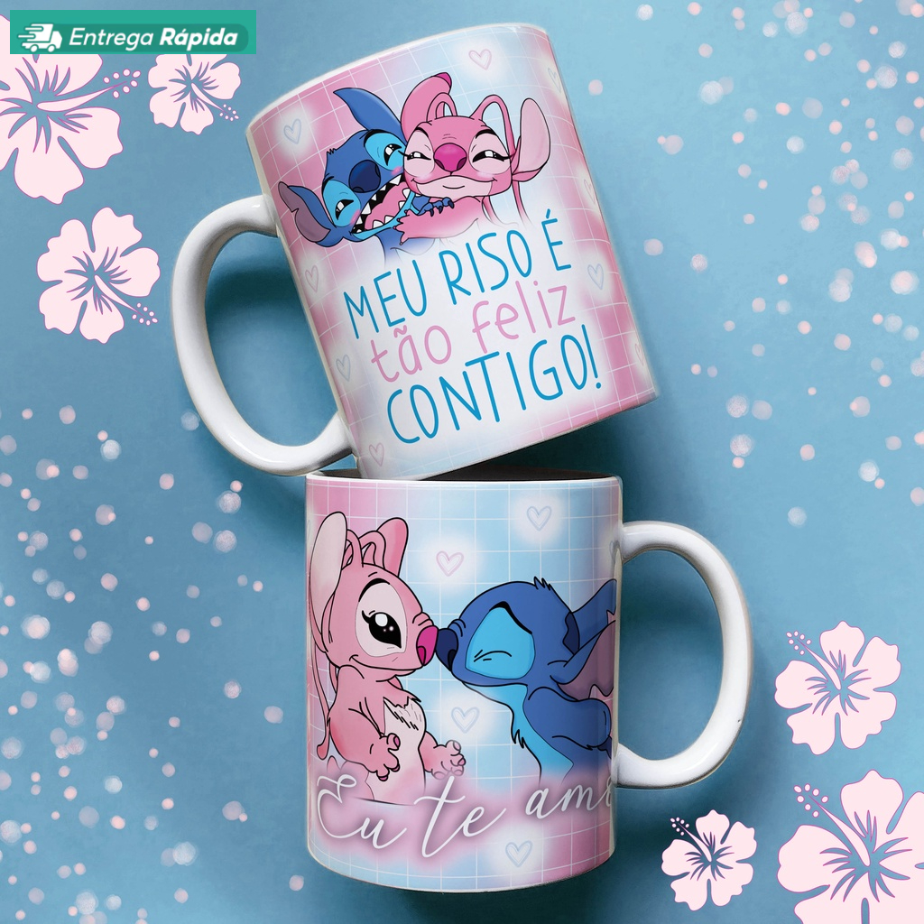 Caneca Porcelana Stitch e Angel MEU RISO É TÃO FELIZ CONTIGO TE AMO - Dia dos Namorados ZLPRINT