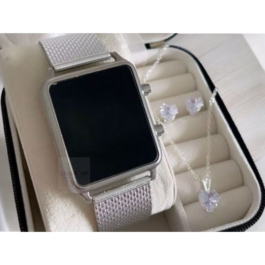 Relógio Feminino Quadrado Digital Led com COLAR E BRINCO Folheado Watch Luxo em Oferta na Shopee