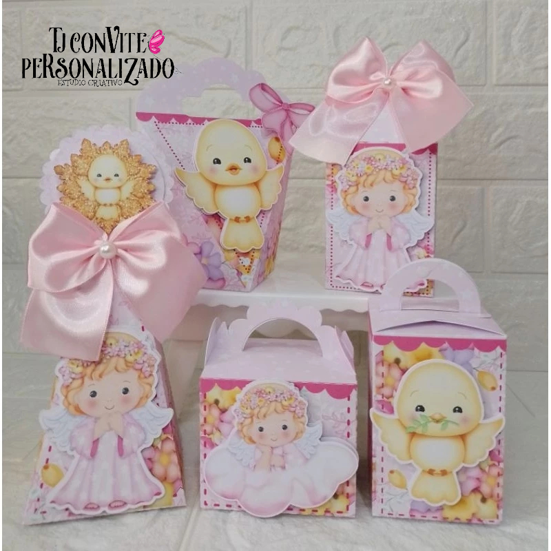 Kit Personalizados Batizado Rosa  Mimos de Aniversário Lembrancinhas Caixinhas Personalizadas Kit Festa