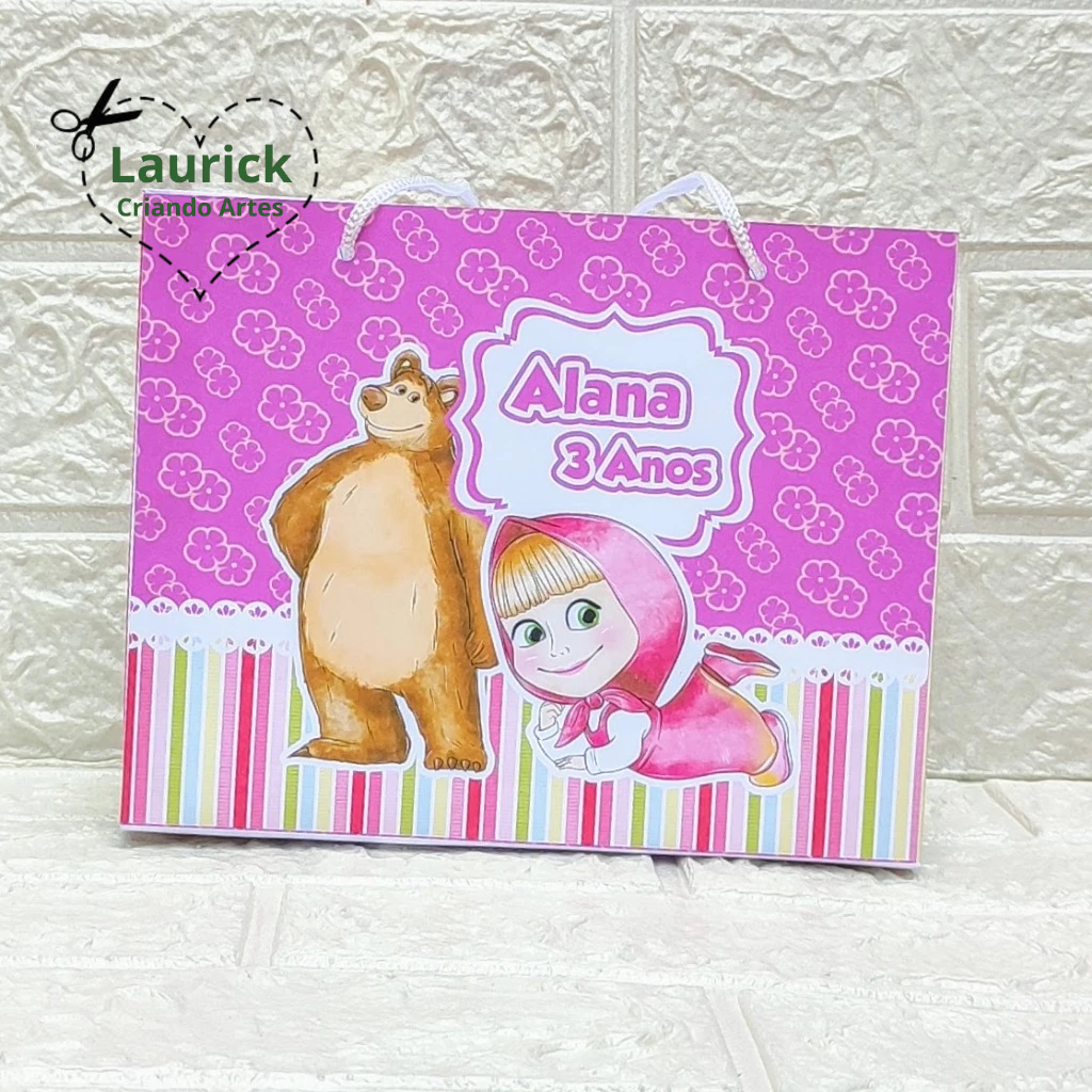 Sacolinha M horizontal Masha e o Urso Personalizada Festa Infantil Lembrancinha Pegue e Monte