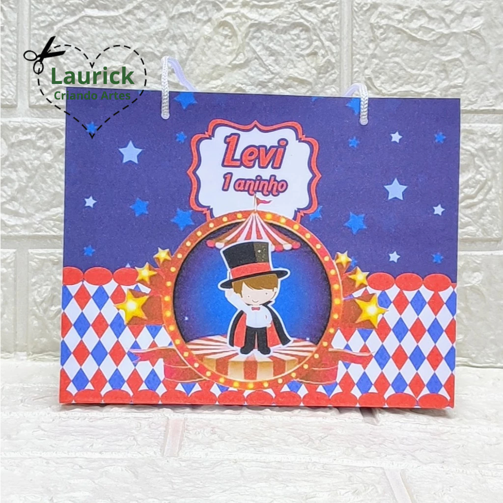 Sacolinha M horizontal Circo Azul Personalizada Festa Infantil Lembrancinha