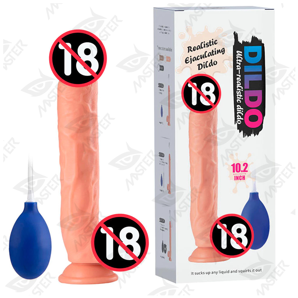 Prótese Realística Formato Pênis de Borracha 26cm com Ejaculação, Escroto e Ventosa Ejaculating Dildo