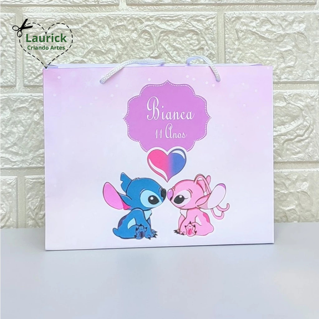 Sacolinha M horizontal Stitch e Angel Personalizada Festa Infantil Lembrancinha Pegue e Monte