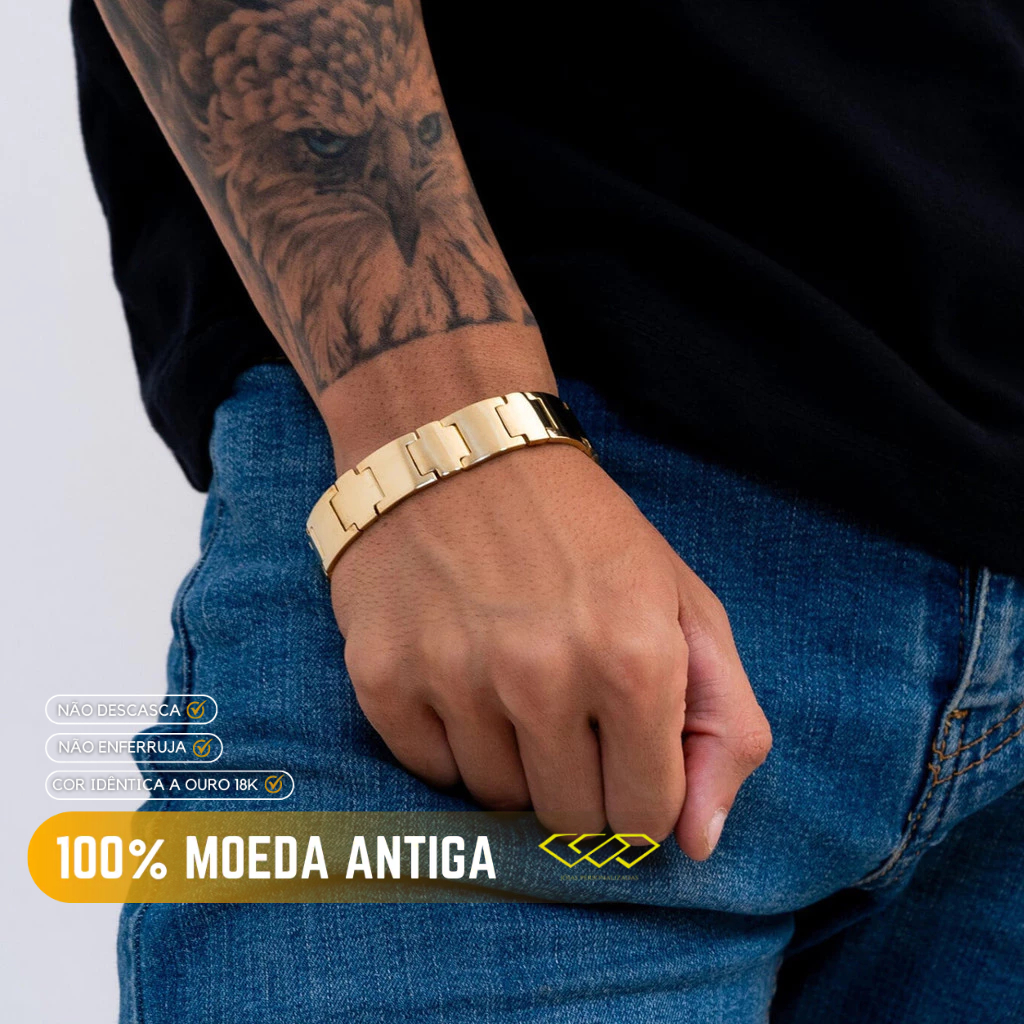 Pulseira Masculina Moeda Antiga Dourado Bracelete 16mm