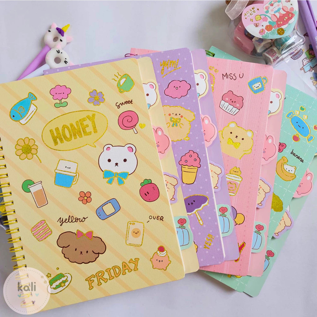 Caderno Planner com divisórias Colorido pautado A5 Honey Material escolar Papelaria Fofa Kawaii