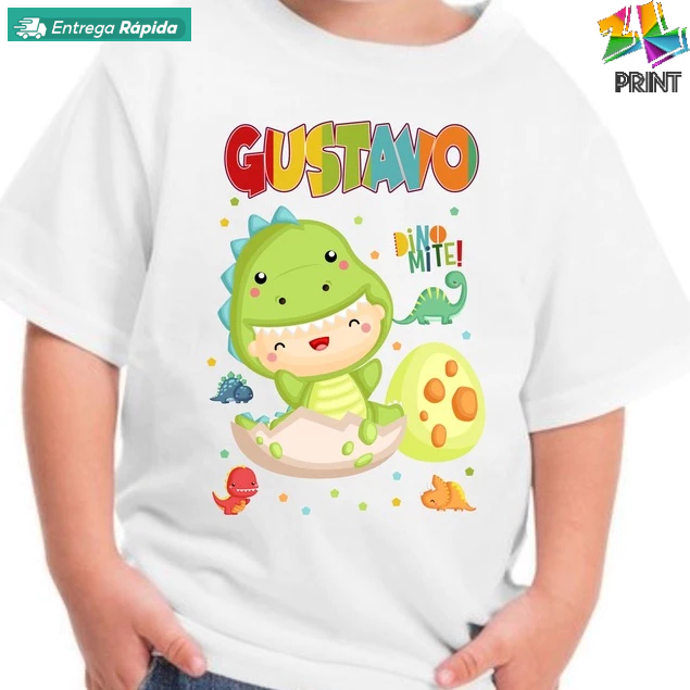 Camiseta Infantil DinoMite Dinossauros personalizada com Nome [est.1] ZLprint em Oferta na Shopee